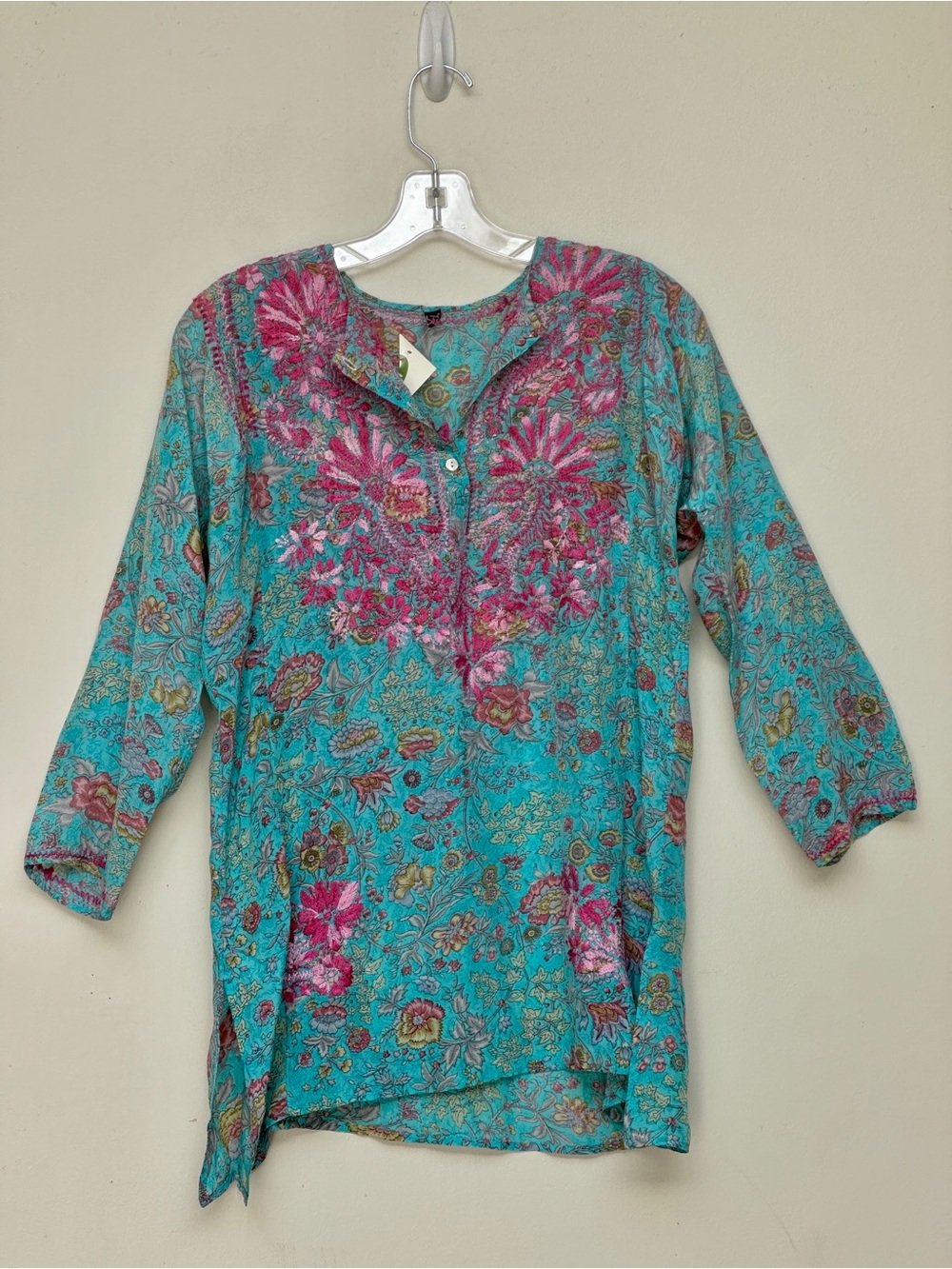 Boho 100% Silk‎ Floral Embroidered Tunic Top Aqua Pink Size Small Made in India